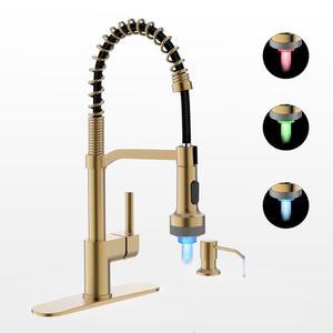 비누 디스펜서가 있는 카사빌라 LED 주방 수도꼭지 금색 싱크대 풀다운 가 싱글 핸들 스테인리스 캠핑카 농가 RV
