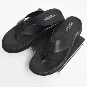 남성 기본 블랙조리 가죽슬리퍼 4cm굽 쿠션쪼리 샌들