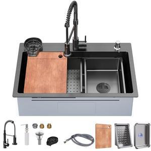 29.5 * 17.7인치 주방 싱크대 싱글 볼 스테인리스 스틸 다기능 드롭 인 풀다운 수도꼭지 다중 악세사리(블랙 그레이 17.7인치)