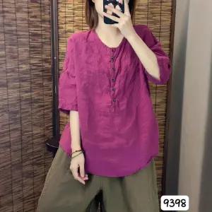 EAMT 여자 여름 빈티지 솔리드 티셔츠 스크래치 풀오버 라운드 반오픈 린넨 맨투맨 YJ1