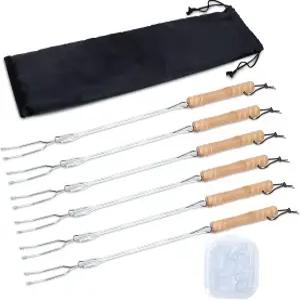 HENGI 6팩 불 구덩이용 마시멜로 스틱 30인치 확장형 롱 스모어 캠프파이어용 핫도그 휴대용 포켓이 있는