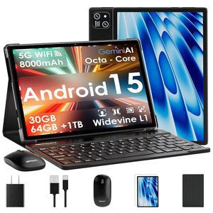 2026 태블릿 10인치 안드로이드 15 키보드 30GB RAM + 64GB ROM (1TB 확장) IPS 디스플레이 옥타코어 프로세서 8000mAh WiFi BT 5.0 w / 제미니 AI 페이스 잠금 해제 분할 화면 미러링