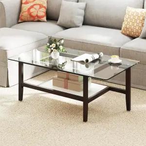 자이언텍스 유리 커피 테이블 수납 선반과 단단한 고무 나무 다리가 있는 42인치 2단 직사각형 칵테일