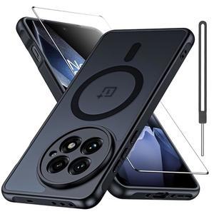 화면 보호기가 장착된 Oneplus 13R 5G용 Bimanpap 매트 케이스, Magsafe와 호환, [손목 스트랩] 마그네틱 충격 방지 군용 낙하 보호 반투명 뒷면 슬림 범퍼 폰 커버(블랙)
