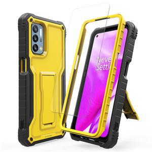 OnePlus Nord N200 5G 케이스용 DUOPAL, 강화 유리 HD 스크린 프로텍터가 장착된 군용 등급 보호 충격 방지 케이스 및 폰 6.49인치(노란색)와 호환되는 킥스탠드