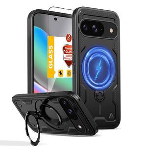 구글 픽셀 10 케이스용 THBONRA, MagSafe와 호환되는 프로 케이스용, 2개의 스크린 프로텍터, 킥스탠드 링, 폰 헤비 듀티 프로텍션 밀리터리 등급 드롭 충격 방지 러기드 블랙