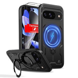 구글 픽셀 9 케이스용 THBONRA, MagSafe와 호환되는 프로 케이스용, 2개의 스크린 프로텍터, 킥스탠드 링, 폰 헤비 듀티 프로텍션 밀리터리 등급 드롭 충격 방지 러기드 블랙