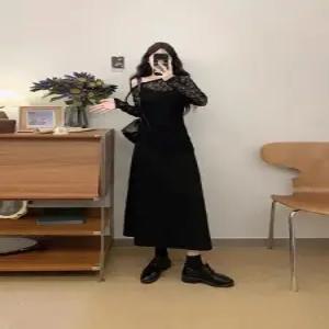 무천도사 가을 원피스 여사친 여자 블랙 망사 투피스 정장세트 슬림핏 레이스 KKE3