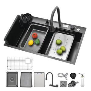 케퍼트 폭포 주방 싱크대 30인치 x 20인치 드롭인 싱글 볼 SUS304 워크스테이션 핸드메이드 언더마운트 풀아웃 수도꼭지 컵 세탁기 악세사리(블랙 20인치)