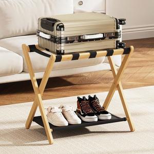 오크비보 완전 조립 수하물 랙 객실용 26.77인치 천연 패브릭 수납 선반이 있는 대나무 접이식 여행 가방 스탠드 호텔용 헤비 듀티 나일론 스트랩 홀더 1팩