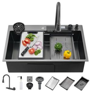 MWIDCIW 34인치 폭포수 주방 싱크대 다크 그레이 3D 나노 스테인리스 스틸 싱글 볼 풀다운 수도꼭지 여러 악세사리 포함