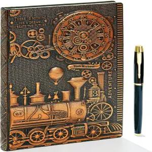 펜 세트가 있는 펑코 빈티지 기차 엠보싱 가죽 필기 일지 노트 앤티크 핸드메이드 데일리 메모장 스케치북