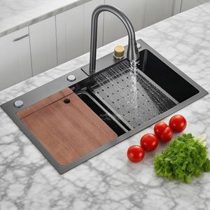 30인치 블랙 드롭 인 워터폴 주방 싱크대 워크스테이션 싱글 볼 스테인리스 스틸 벌집형 현대적이고 내구성이 뛰어난 다기능 탑 마운트 풀다운 수도꼭지 포함