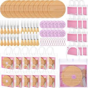 레몬로드 72개 핑크 분홍색 베이비샤워 경품 12세트 나무 치즈 보드게임 선물 게스트 스푼 포크 버터 스프레더 감사합니다 성별 공개 파티 호의 상자 가방 포함 태그