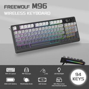 프리울프 M96 무선 키보드 노브 컨트롤 BT2.4g유선, RGB LED 백라이트 디스플레이, PBT 키캡, 3000mA 배터