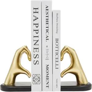 Xmeden 골드 북엔드 헤비 듀티 홀더 장식 골든 핑거 하트 모양 모던 아트 조각 홈 데스크톱 침실 공부방을