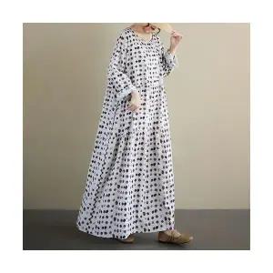 원피스 치마 여성 가을 캐주얼 긴팔 플리츠 라운드 보헤미안 도트 OP3