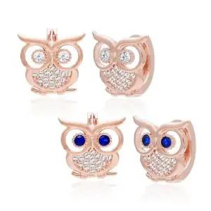 고급귀걸이 금침 큐빅 부엉이 원터치 링 로즈골드 귀걸이 14K