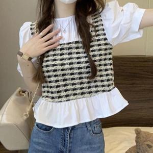 여성 반팔 블라우스 페이크 체크 베스트 프릴 화이트 셔츠블라우스