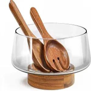KITEISCAT 초대형 유리 샐러드 볼 세트 - 아카시아 나무 베이스와 서빙 도구가 포함된 파티 우아하고