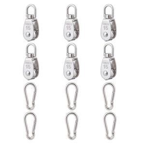 6Pcs 304 스테인리스 스틸 M15 싱글 풀리 블록, 와이어 로프 걸이 견인 휠, 스프링 스냅 후크 포함