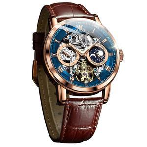 OLEVS 남성 스켈레톤 시계 자동 감기 달 페이즈 원피스 럭셔리 가죽 스트랩 방수 야광 남성 손목시계