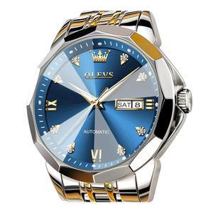 남성 OLEVS 시계 자동 클래식 기계식 시계 다이아몬드 미러 스테인리스 스틸 원피스 캐주얼 방수 데이/날짜 캘린더