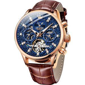 OLEVS 남성 시계 가죽 골격 자동 기계식 투어빌론 캘린더 달 페이즈 야광 방수 럭셔리 비즈니스 손목시계