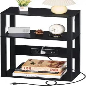 충전소가 있는 YUFAM 3단 소형 좁은 나무 옆 테이블 작은 공간을 위한 스키니 나이트스탠드 소파 수납