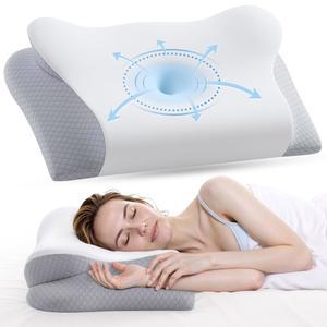 메모리 폼 목 베개 - 옆구리 배 수면자를 위한 인체공학적 윤곽 경추 베개, 냉각 커버가 있는 2-in-1 지지