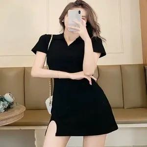 니트원피스 트임 미니 반팔 여성 블랙 카라 브이넥