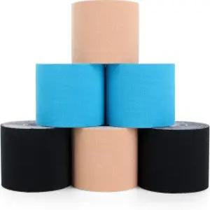 키네시올로지 테이프 6롤 부상당한 근육 및 관절 지지용 방수 키네틱 2인치 x 16.4피트 롤(베이지 블랙