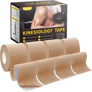 디모라 언컷 운동학 테이프 오리지널 코튼 근육통 및 관절 지지를 위한 16인치 탄력 운동 롤 4개 베이지