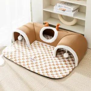 재미있는 플러시 소재 고양이 터널 침대 두꺼운 따뜻한 갈색 회색 장난감 튜브 모양 실내용 애완동물 집