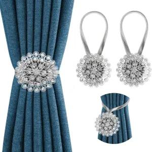 마이데이틴 크리스탈 장식 커튼 타이백 2팩 마그네틱 높은 신축성 와이어 로프가 있는 플라워 가정용