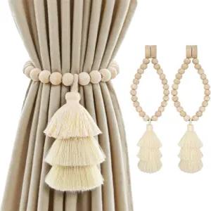 우드 비즈가 있는 YISARSH 마그네틱 커튼 타이백 트리플 태슬이 보호 로프 드레이퍼 홀드백 농가 침실 거실