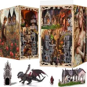 미니시티 DIY 북누크 키트 3D 나무 퍼즐 북엔드 책장 삽입 장식 LED 조명 및 먼지 커버 (잠자는 숲속의