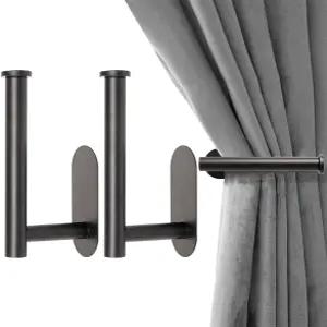 2팩 접착 커튼 홀드백 드레이프용 드릴 금속 타이 백 홀더 없음 창문 및 문용 자동 풀백 후크 - (2 검은색)