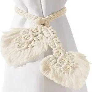 2팩 보호 커튼 타이백 조절 가능한 천연 나무 구슬이 있는 손 뜨개질 면 홀드백 더블 농가 테마 실내 야외