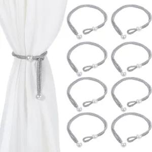 드레이프용 클래식 씰리 8pc 커튼 타이 조절 가능한 로프 타이백 실버 타이백과 진주 버클 코드 홀더 홈