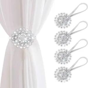 AULEEP 마그네틱 커튼 타이백 4팩 크리스탈 장식 드레이프 클립 버클 플라워 유럽 및 미국 스타일(실버)