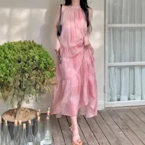 EAMT 원피스 스커트 분홍 여성 여름 뷰티 미디스커트 나염 프렌치 민소매 홀터넥 해변 EUNG1