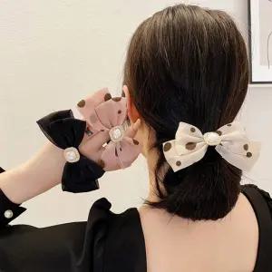 진주장식 땡땡이 리본 두겹고무줄 짱짱한 헤어 머리끈 ppH9+1Aau