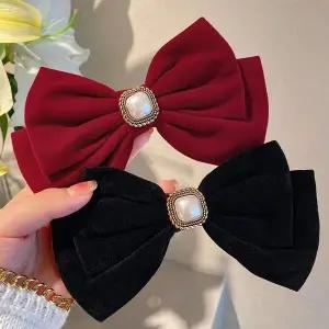 [에이치플러스몰]진주 벨벳 포인트 여자 헤어 자동핀 리본 더블 스퀘어