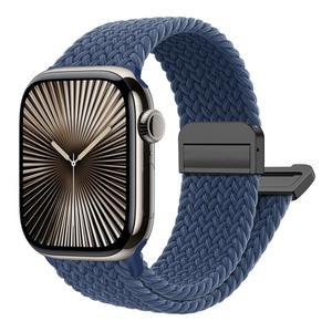 마그네틱 브레이드 스트레치 루프 - 밴드 42mm 46mm 40mm 41mm 45mm 38mm 울트라 /2 49mm 여성용, iWatch 시리즈 10 9 8 7 6 5 4 3 SE용 탄성 직조 직물 나일론 스트랩과 호환됩니다