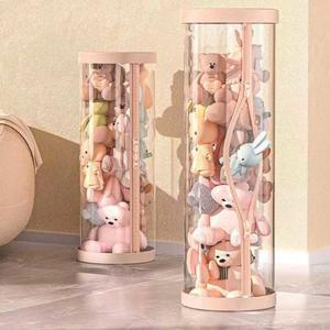 봉 형 보관통 투명 인형 원통 수납 보관함 50x26cm핑크세트