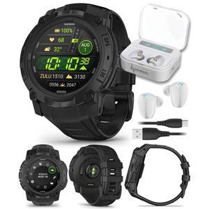 웨어러블4U 가민 인스팅트 3 전술 에디션, AMOLED 디스플레이, 50mm, 러기드 아웃도어 GPS 스마트워치, 적용된 탄도 지원, LED 손전등, 멀티밴드 GPS, 10 ATM 화이트 이어버드 번들