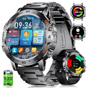 남성용 SUNKTA 스마트 워치(응답 / 전화 통화), 1.45인치 AMOLED 100 스포츠 모드, 심박수 /SpO2 안드로이드 및 iOS용 수면 트래커가 포함된 5ATM 방수 피트니스 워치, 530MAH 스마트워치 블랙