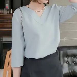 여성 7부 브이넥 블라우스 셔츠블라우스 오피스룩