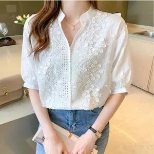 블라우스 여자 차이나카라 브이넥 자수 셔츠 펀칭